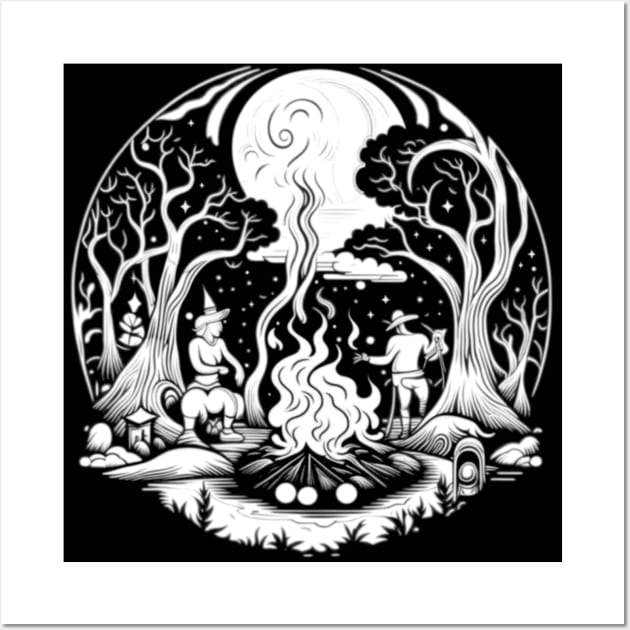 White Night of Abstract Witches' Coven Forest Campfire Wall Art by vystudio